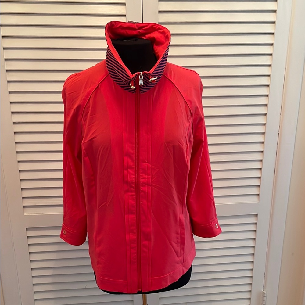 Chico's coral sport Jacket with High Collar and Soft Padding stripe  trim